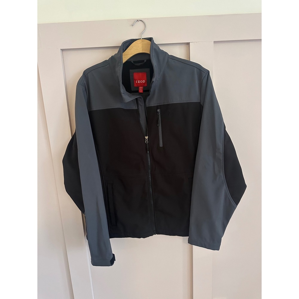 IZOD Mens Softshell Jacket XL Black Gray Full‎ Zip Mock Neck Fleece Lined Coat